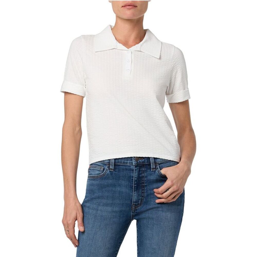 Hudson Jeans Womens Linen-Blend Crop Polo, White